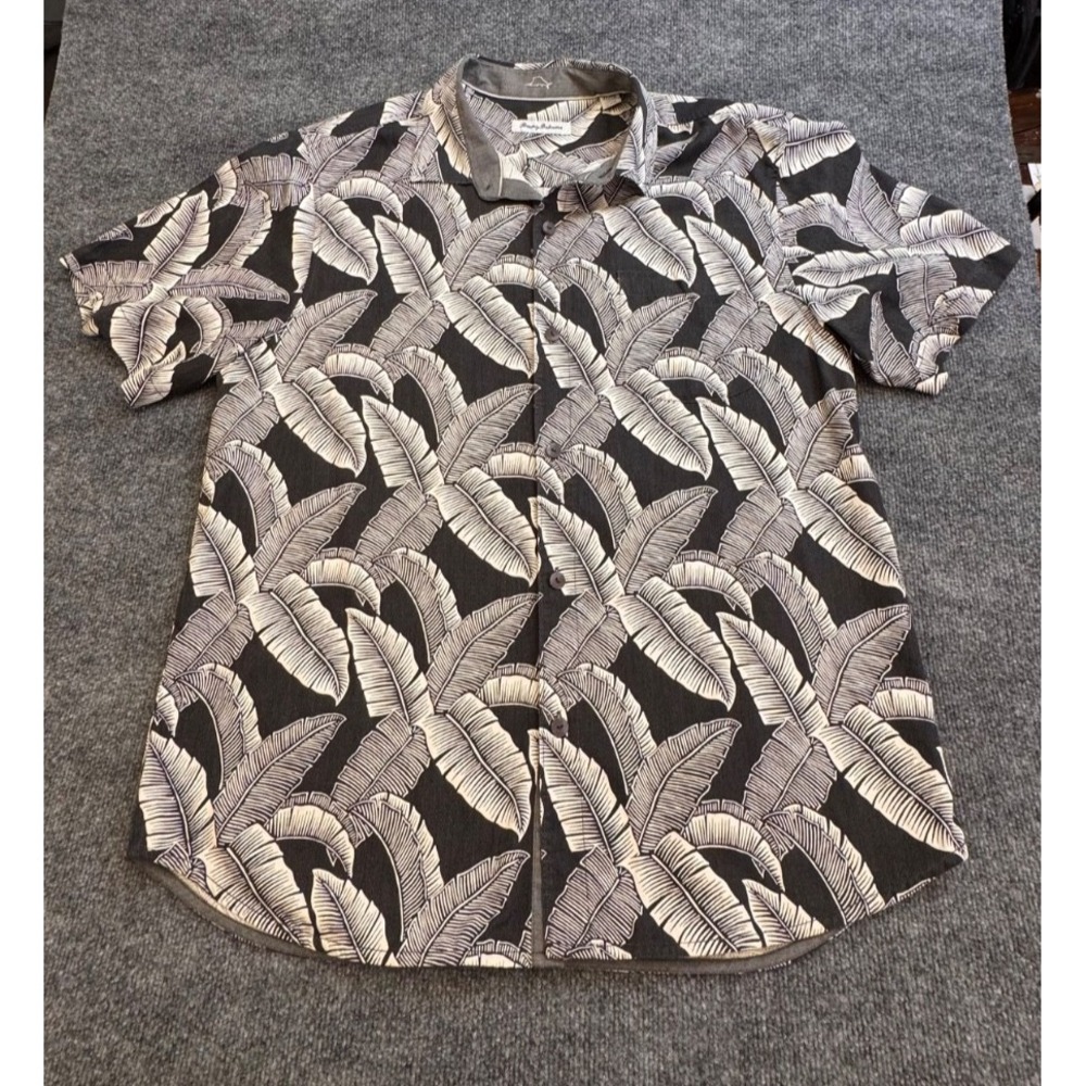 Men's Silk Hawaiian Shirt XL Black Palm Print Short Sleeve‎ Tommy Bahama